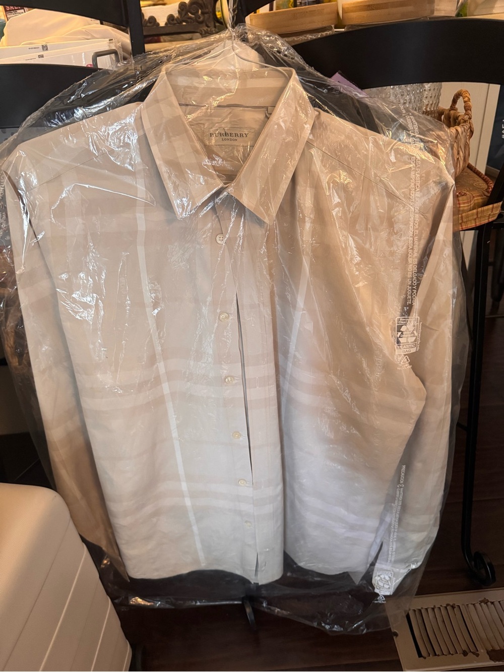 Burberry Men’s Light Beige Plaid Dress Shirt
